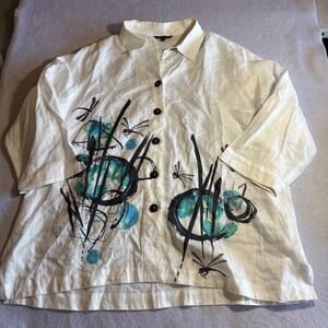 John Mark Womens 1X Linen Button Down Shirt White Teal Abstract Dragonfly Art